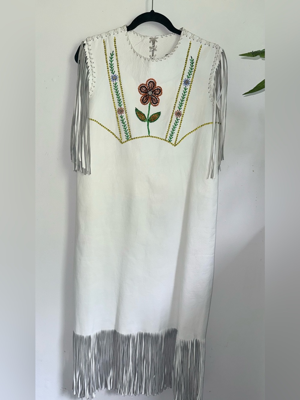 White Fringe Leather Dress with Floral Beadwork Size 10 Native